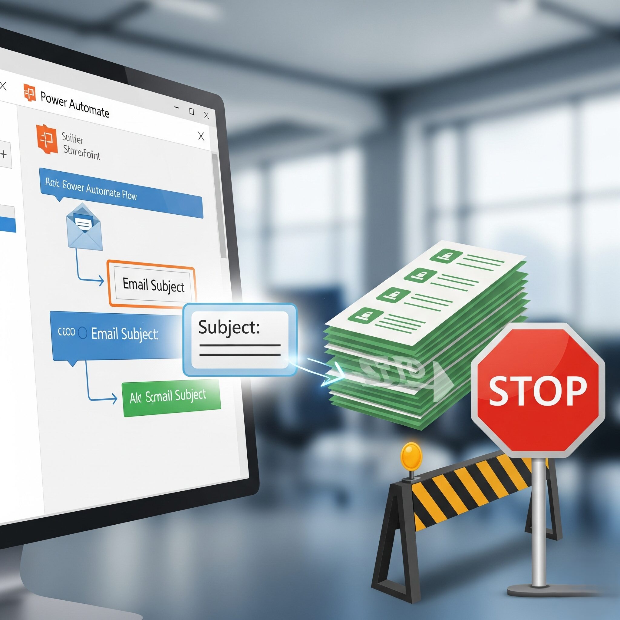 Power Automate flow on a computer screen extracting an email subject to prevent duplicate task creation, with a stop sign and barrier symbolizing blocking repeated items
