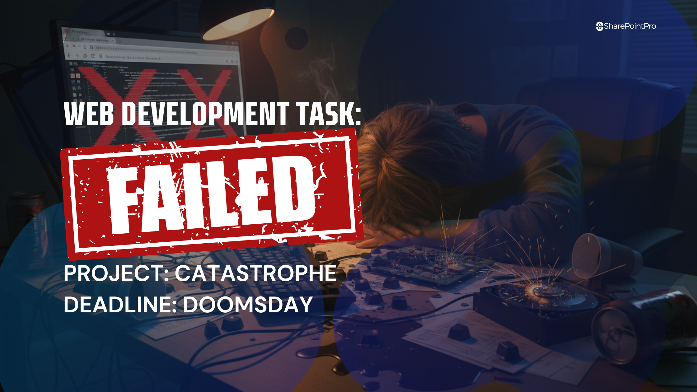 Developer frustrated at desk with “Web Development Task Failed” error overlay on screen
