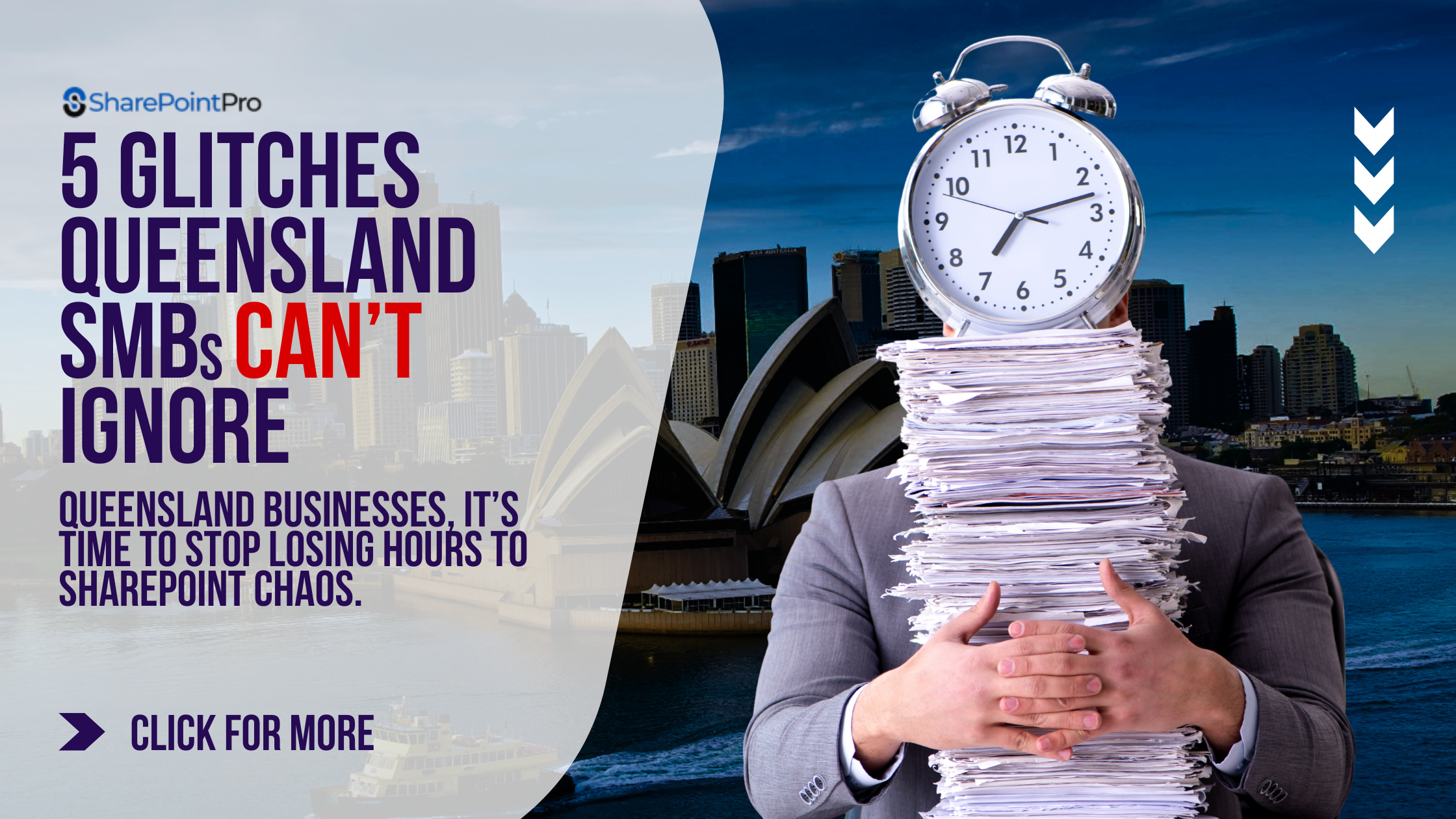 sharepointpro banner showing 5 glitches queensland smbs cant ignore with stressed business owner and city background