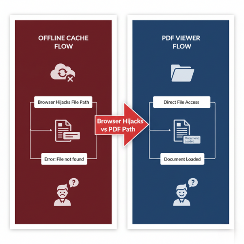 Generated Image October 14, 2025 - 4_44PM SharePoint PDF flow diagram showing how offline cache causes PDFs to open in the browser instead of the proper PDF viewer
