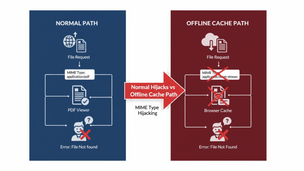 Generated Image October 14, 2025 - 4_51PM sharepoint pdfs opening in browser diagram showing normal path vs offline cache path causing pdf issues