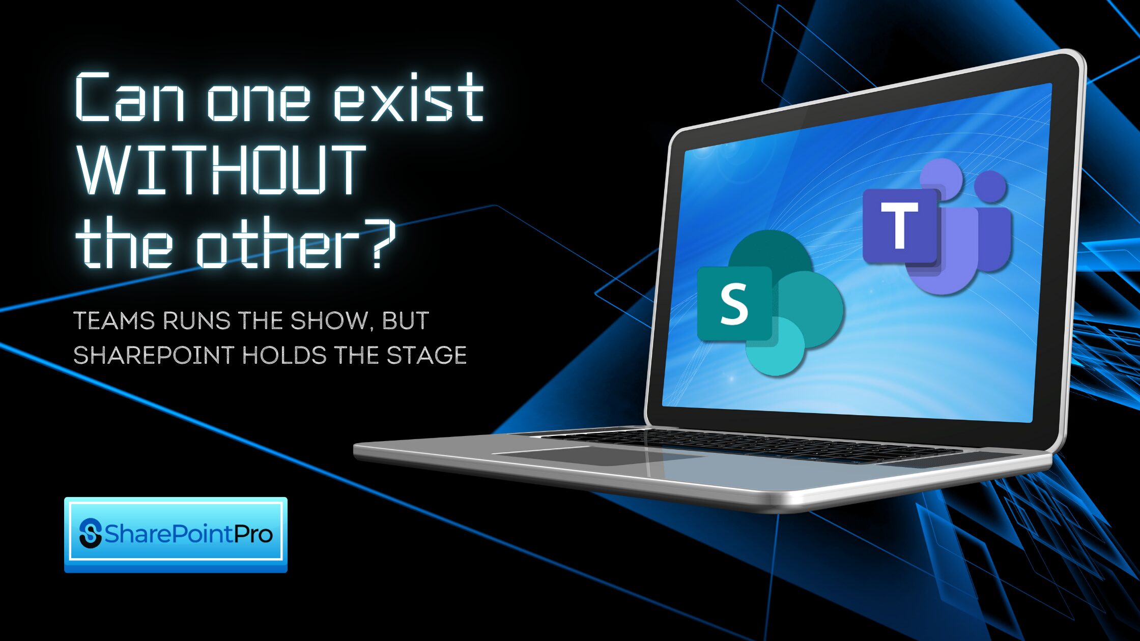 microsoft teams vs sharepoint illustration showing laptop with teams and sharepoint icons for guide on creating teams workspace without sharepoint