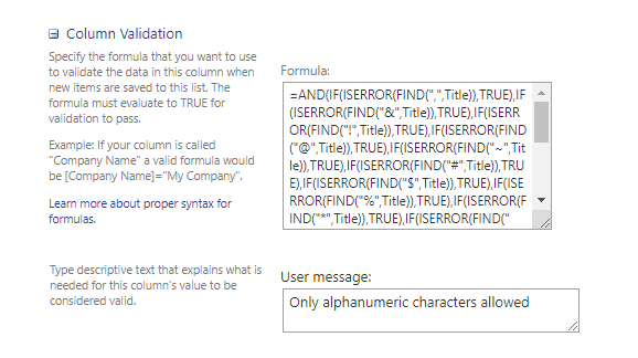 sharepoint column validation settings with validation formula and error message for restricting title field to alphanumeric characters