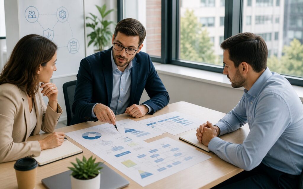 SharePoint stability assessment session with professionals reviewing business process diagrams and governance structure for Microsoft 365 environment