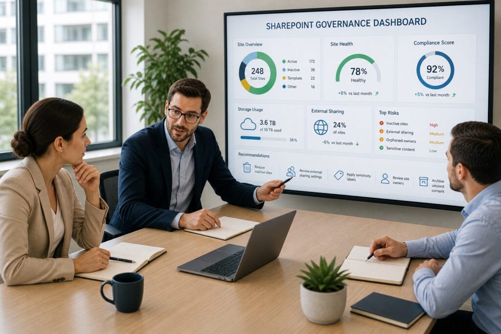 SharePoint consulting session with professionals discussing external sharing policies, guest access governance, and data exposure control for Microsoft 365 environment