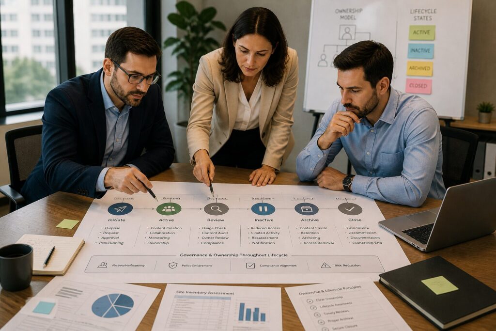 Professionals discussing site lifecycle structure, ownership accountability, and governance framework for Microsoft 365 SharePoint environment