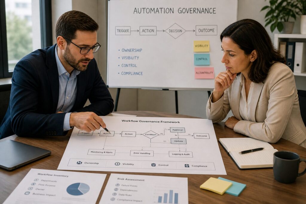 Professionals reviewing workflow processes, automation structure, and governance framework for Microsoft 365 and SharePoint environment